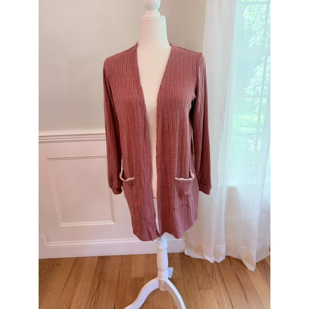 NWT Blu Pepper Cozy Life Ribbed Open Front Cardigan Dusty Rose Lace Trim Small